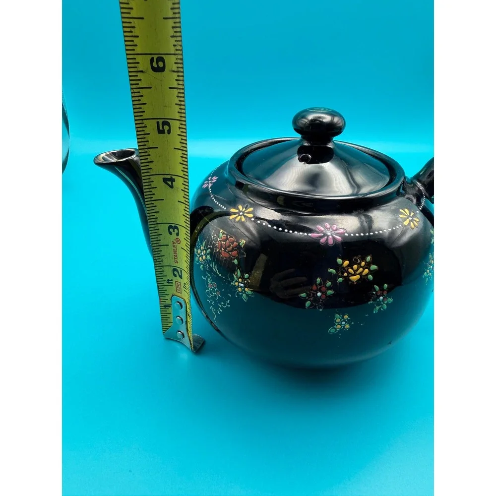 Vintage 1940s Japanese Moriage Redware Teapot Black‎ Floral Hand Painted Ceramic